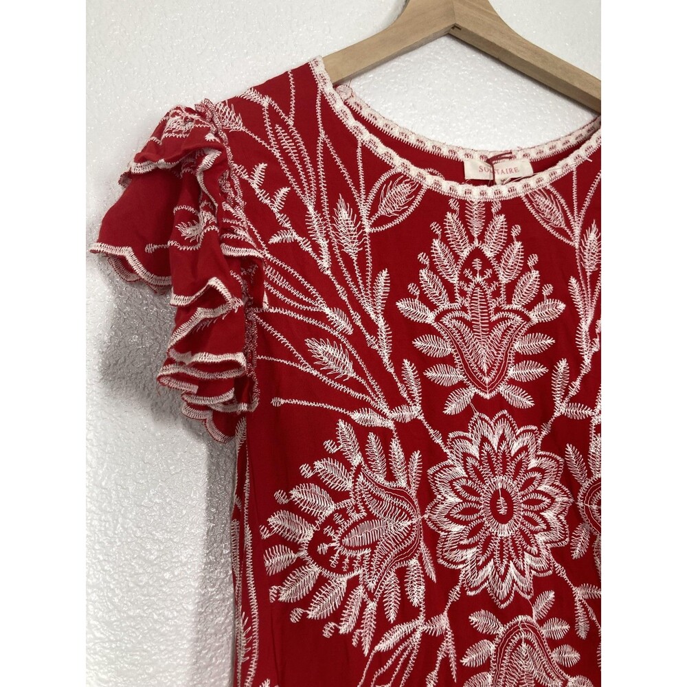 Solitaire Blouse Womens Medium Red Floral Embroidered Ruffle Flutter Top Boho - Picture 6 of 16